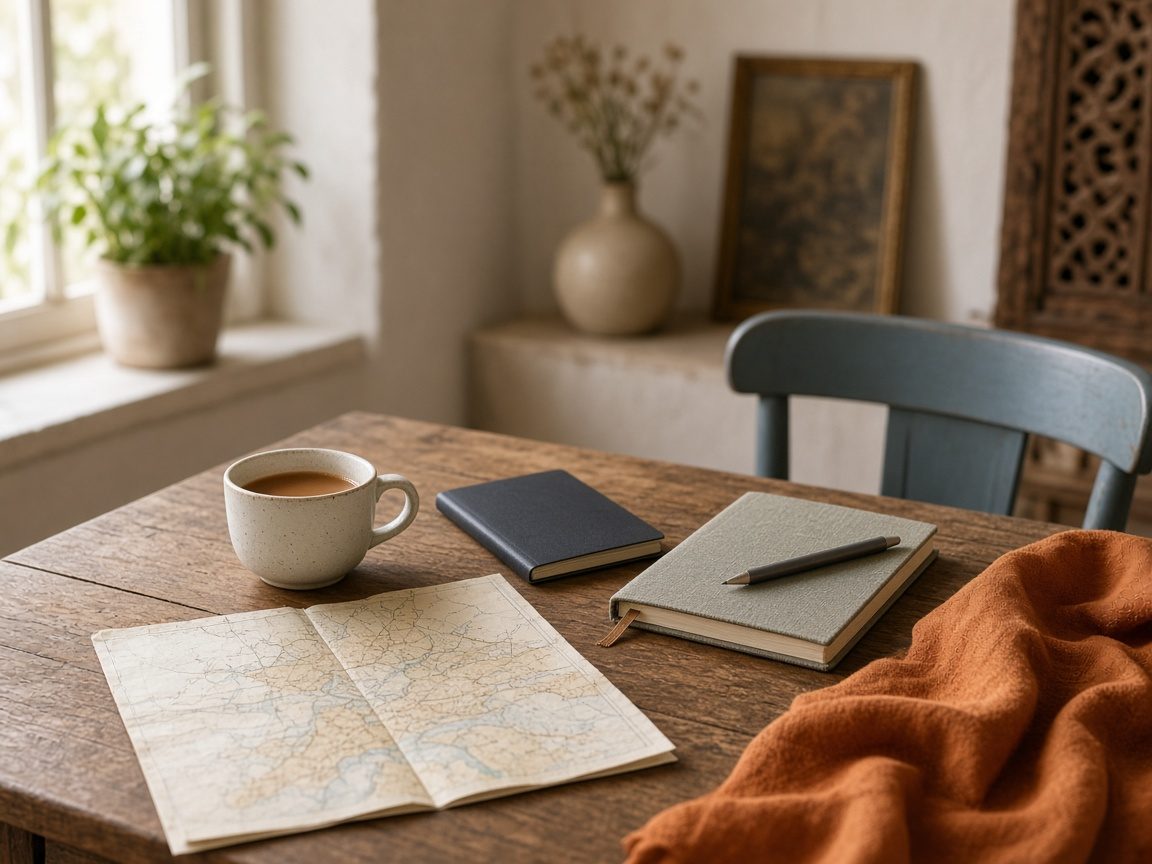 A wooden table set for trip planning, with a paper map, tea, and a notebook in soft window light