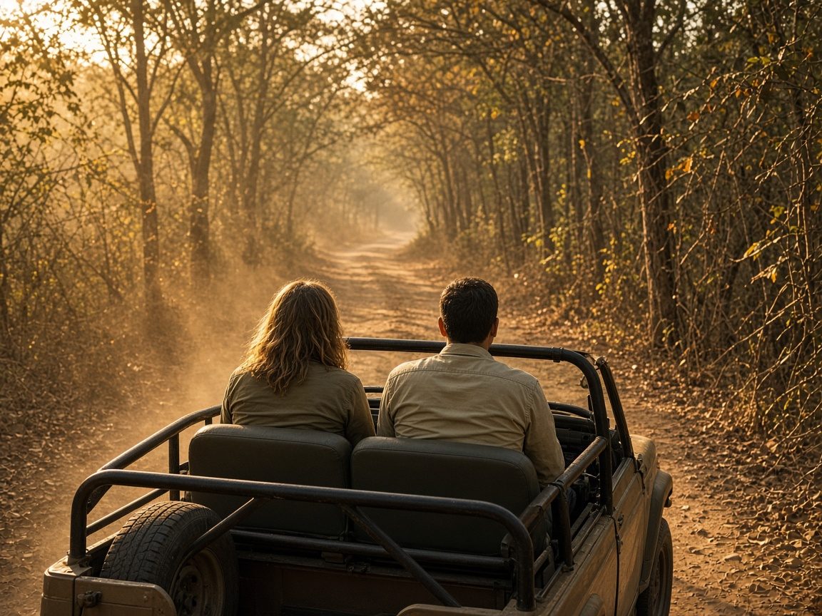 Two travellers in an open jeep on a forest track in warm morning light